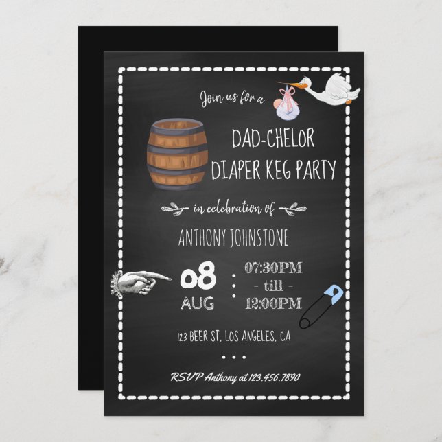 Invitación Fiesta de Chalkboard para Baby Shower Dadchelor Ke (Anverso / Reverso)