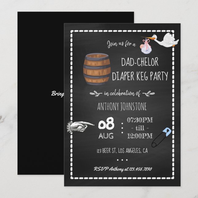 Invitación Fiesta de Chalkboard para Baby Shower y Barril de  (Anverso / Reverso)