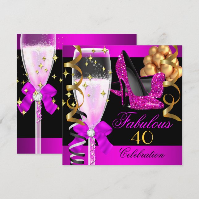 Invitación Fiesta de Champán Negro Rosa Caliente de 40 Cumple (Anverso / Reverso)