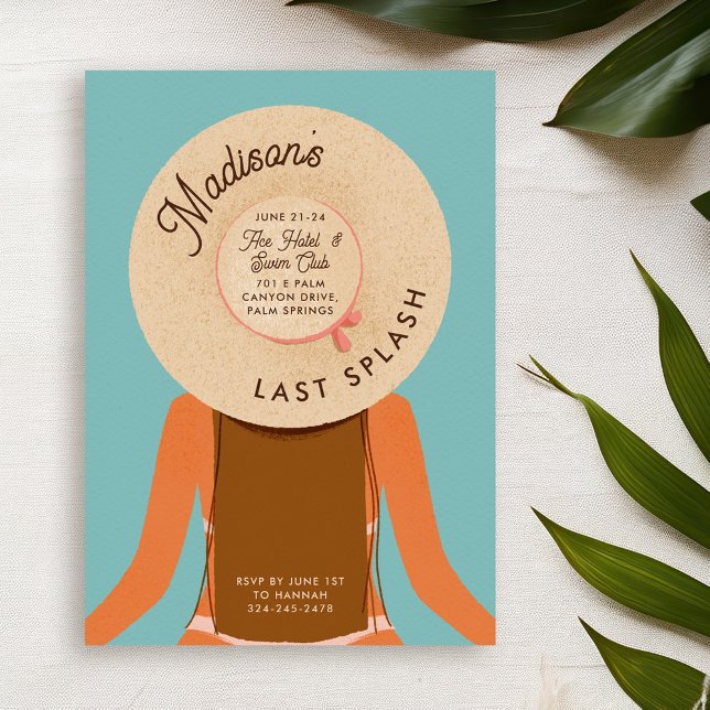 Invitación Fiesta de charlatanería de verano con pelo pardo (brown hair and tan skin girl wearing a beach hat - bachelorette pool party invitation)