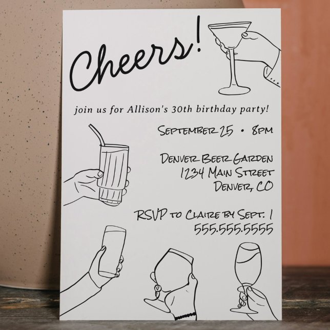Invitación Fiesta de Cheers caprichosa y caprichosa dibujada  (Hand drawn whimsical quirky funky cheers cocktail birthday party invitation modern black and white )