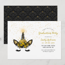Invitación Fiesta de Chica Unicorn Purpurina de Oro Negro