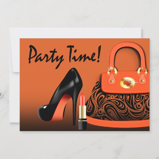 Invitación Fiesta de Chicas con Bolso Elegante, Tacones y Pin (Anverso)