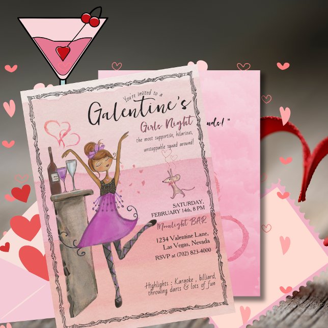 Invitación Fiesta de chicas de Galentine's Day Rosa Noche  (Pink Galentine's Day Girls Night Out Party Invitation)