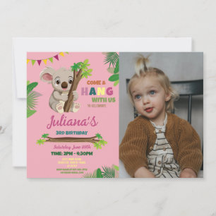 Invitación Fiesta de Chicas Koala Cute foto rosa de cumpleaño