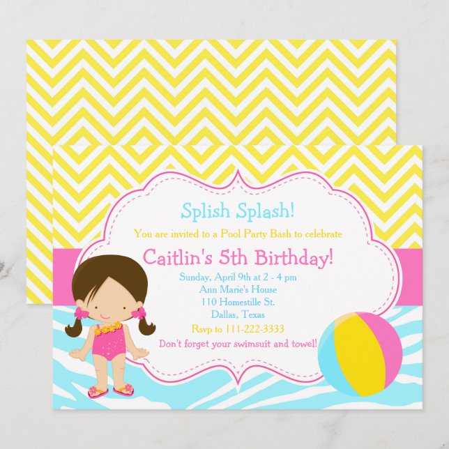 Invitación Fiesta de chicas morenas en la piscina Bash Party (Anverso / Reverso)
