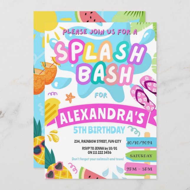 Invitación Fiesta de Chicas Splash de Verano Rosa en Parque A (Anverso / Reverso)