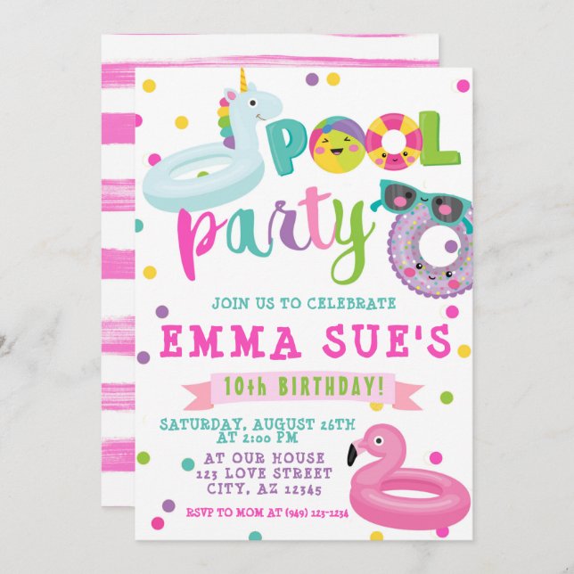 Invitación Fiesta de chicas Unicorn Flamingo Float Cumpleaños (Anverso / Reverso)
