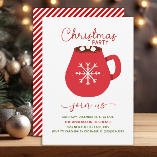 Invitación Fiesta de Chocolate Caliente Rojo Blanco de Navida (Red and white hot cocoa and candy stripes Christmas party invitation)