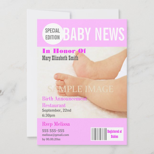 Invitación fiesta de cigüeñas bebé estilo revista PERSONALIZA (Anverso)