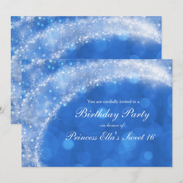 Invitación Fiesta de Cinderella con destellos azules y blanco (Anverso / Reverso)