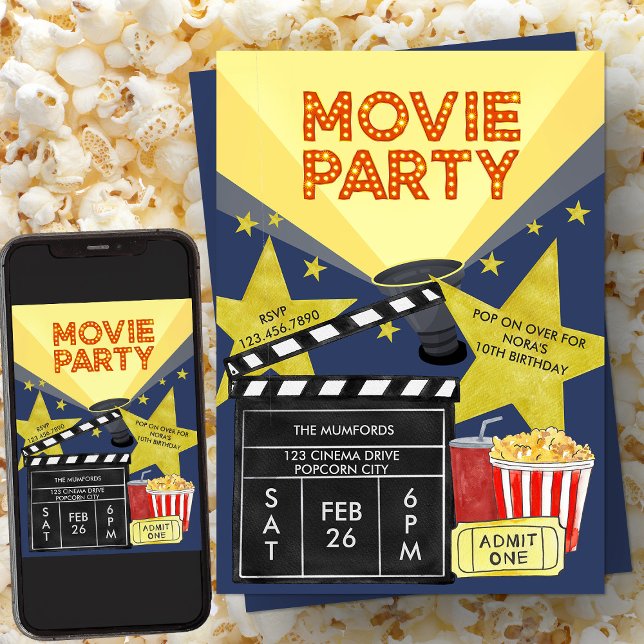 Invitación Fiesta de cine Popcorn Clapperboard Cine Cumpleaño (Movie Party Invitation with Popcorn and Clapperboard from my Kids Birthday Invitation collection)