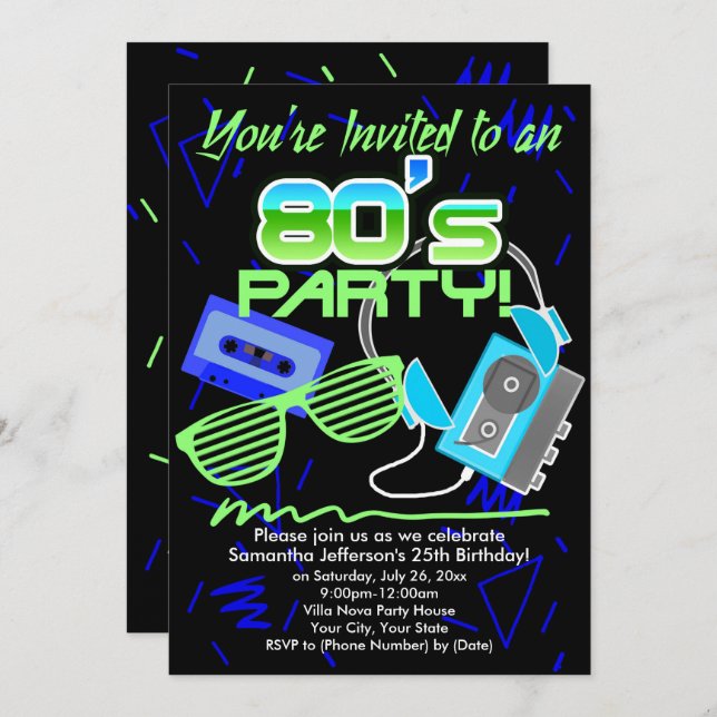 Invitación fiesta de cintas Cassette de 80 (Anverso / Reverso)