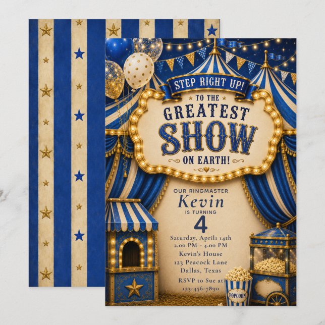 Invitación Fiesta de Circo Azul (Anverso / Reverso)