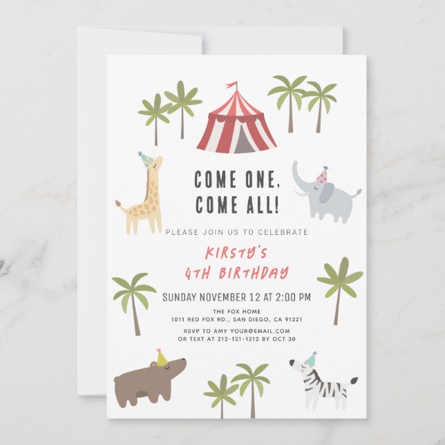 Invitación Fiesta de Circo Carnaval Animales Niños Cumpleaños (Anverso)