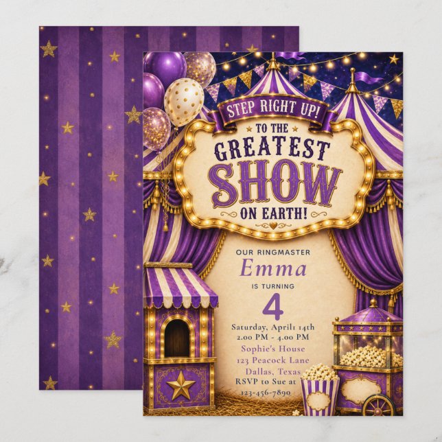 Invitación Fiesta de Circo Morado (Anverso / Reverso)