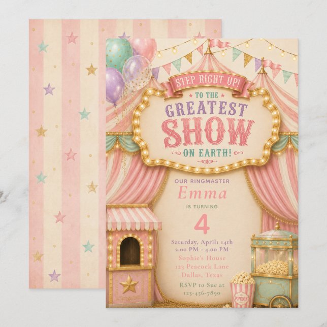 Invitación Fiesta de Circo Pastel (Anverso / Reverso)