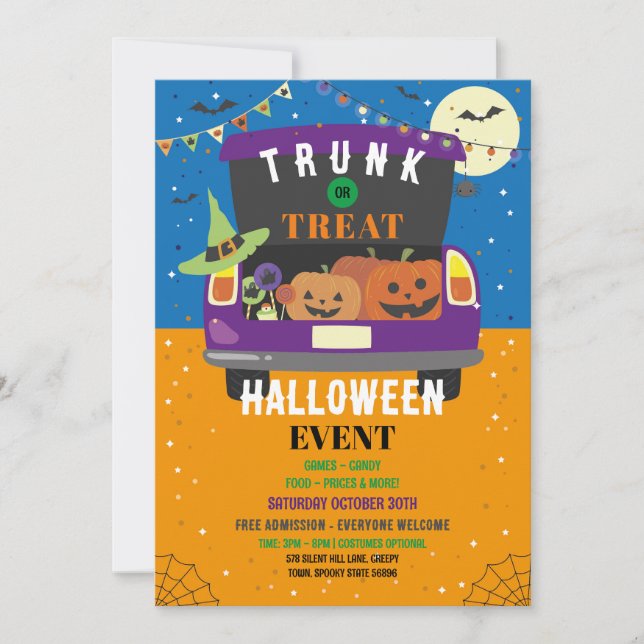 Invitación Fiesta de coches de Halloween con evento de truco  (Anverso)
