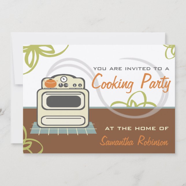 Invitación Fiesta de cocina - Azul Naranja marrón retro (Anverso)