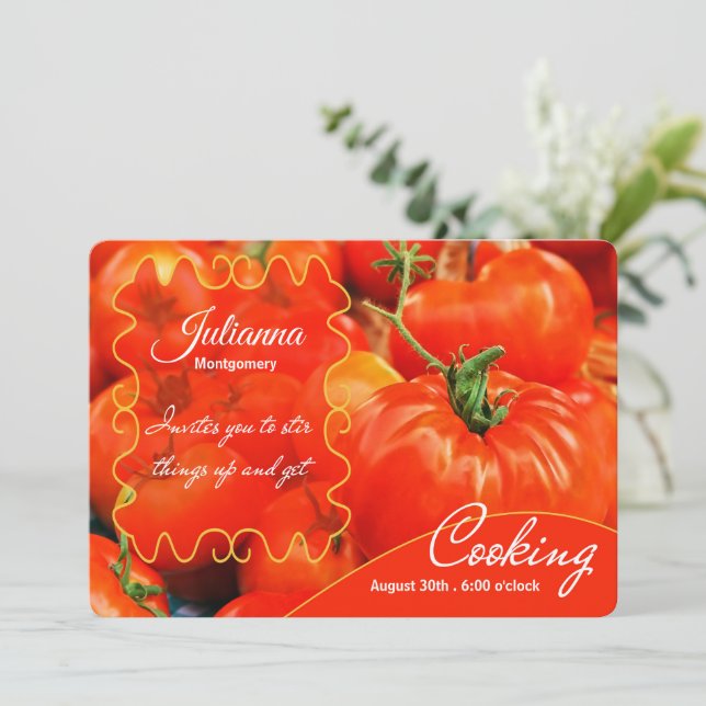 Invitación Fiesta de cocina con grandes tomates rojos (Anverso de pie)