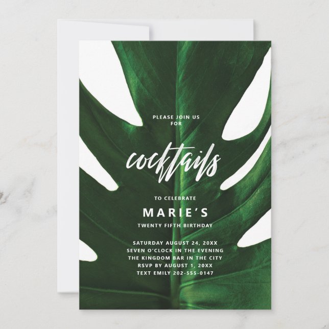 Invitación Fiesta de Cocktail Tropical Hoja de Monstera (Anverso)