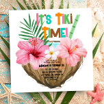 Invitación Fiesta de Coconut Cocktail Tropical Birthday Tiki<br><div class="desc">La invitación a la fiesta de cumpleaños temática de Tiki incluye un cóctel de coco tropical acuático con flores de hibisco rosa, hojas de palma y paja de bambú con la leyenda "It's Tiki Time!" en alegres colores de verano. El texto puede ser personalizado para que tanto si estás teniendo...</div>