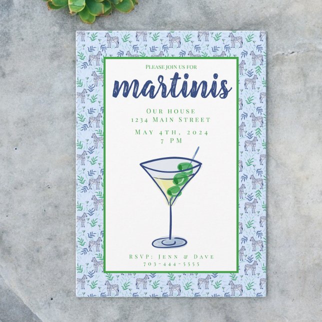 Invitación Fiesta de Cóctel Azul Preppy Cebra Martini (Subido por el creador)