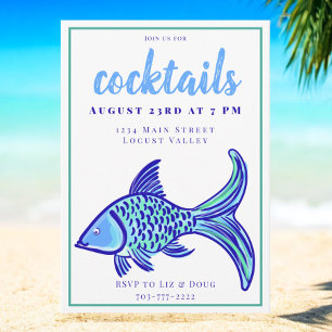 Invitación Fiesta de Cóctel Costero de Pescado Azul Preppy 