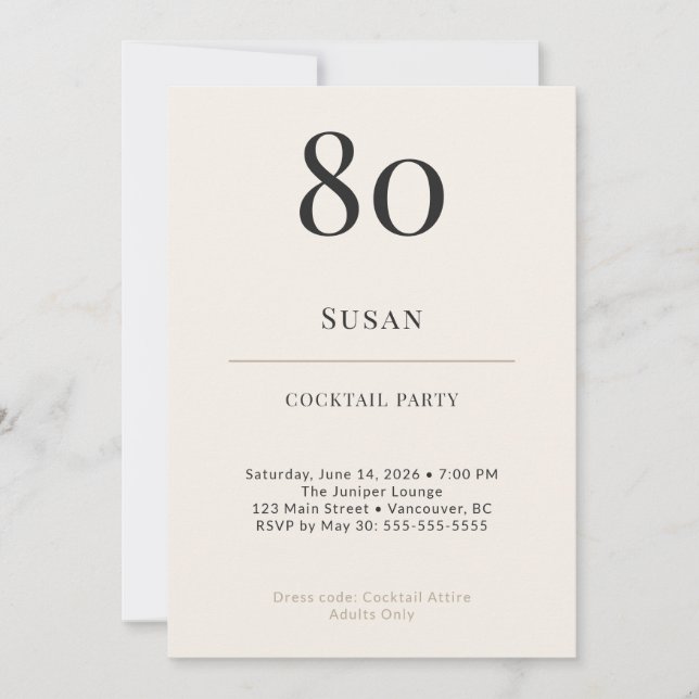 Invitación Fiesta de Cóctel de Cumpleaños 80 Moderno Minimali (Anverso)