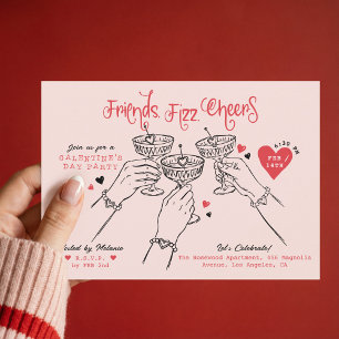 Invitación Fiesta de Cóctel de Galentines Rosa Rojo Dibujado