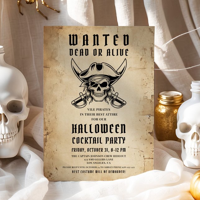 Invitación Fiesta de Cóctel de Halloween de Cráneo de Pirata  (Vintage Pirate Skull Halloween Cocktail Party Invitation)