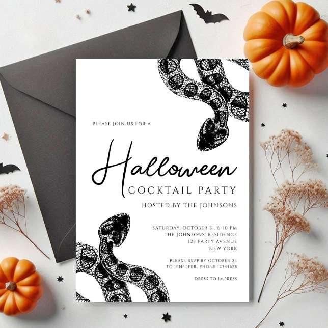 Invitación Fiesta de Cóctel de Halloween de Serpientes en Bla (Black And White Snakes Cocktail Party Halloween Invitation)