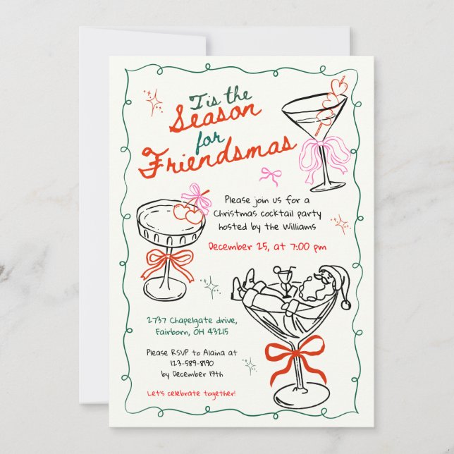 Invitación Fiesta de cóctel de Navidad con dibujos a mano (Anverso)