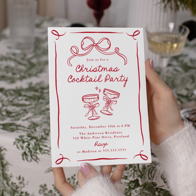 Invitación Fiesta de Cóctel de Navidad con Lazo Rojo Dibujado (Subido por el creador)