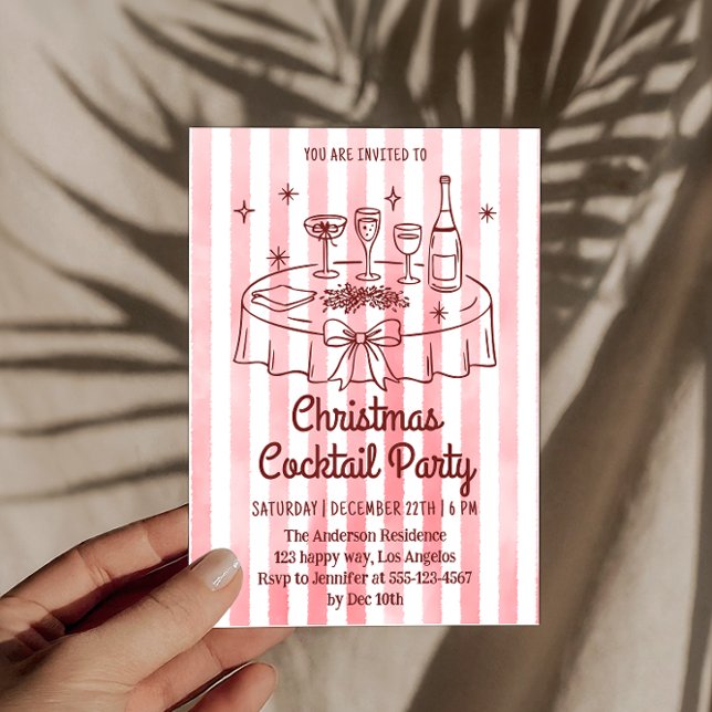 Invitación Fiesta de Cóctel de Navidad con Rayas Rosadas Eleg (Subido por el creador)