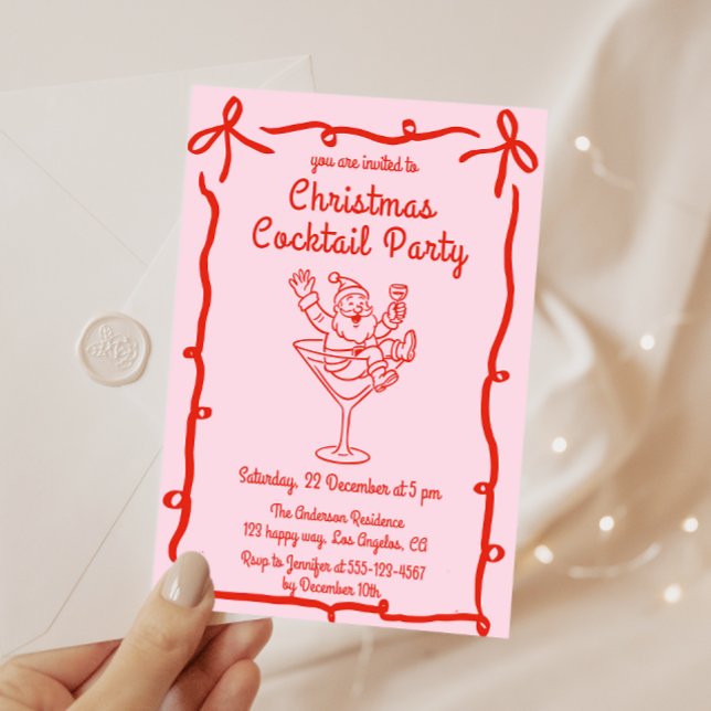 Invitación Fiesta de Cóctel de Navidad de Santa Retro Rosa (Subido por el creador)