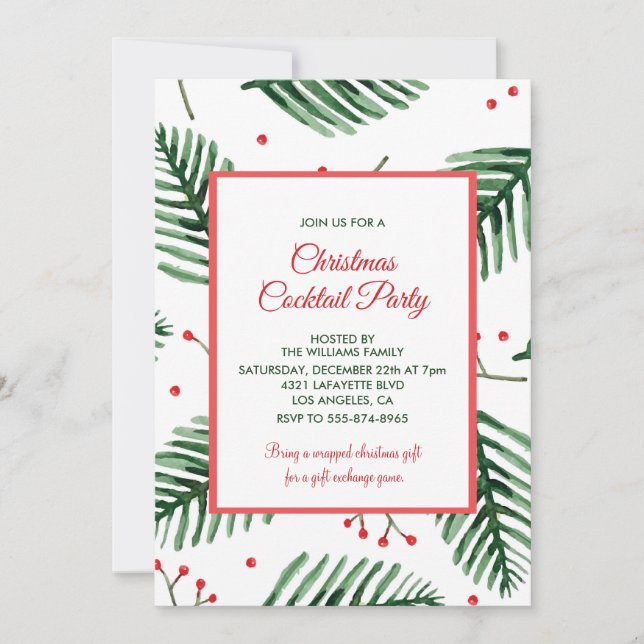 Invitación Fiesta de Cóctel de Navidad Elegante Evergreen (Anverso)