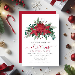 Invitación Fiesta de Cóctel de Navidad Floral Poinsettia Roja