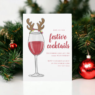 Invitación Fiesta de Cóctel de Navidad Reno Copa de Vino Tint