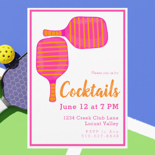 Invitación Fiesta de Cóctel de Pickleball Rosa y Naranja Prep