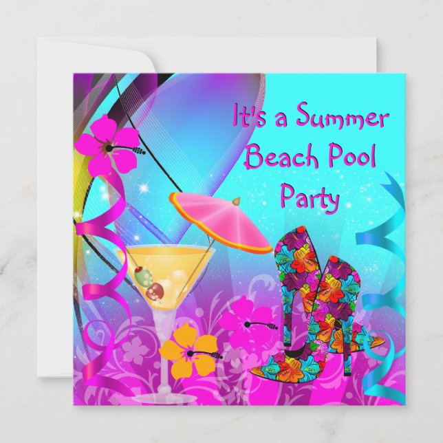 Invitación Fiesta de cóctel de playa rosa turquesa de verano (Anverso)