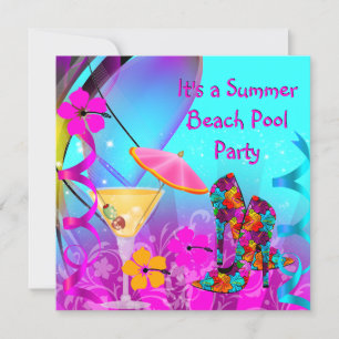 Invitación Fiesta de cóctel de playa rosa turquesa de verano