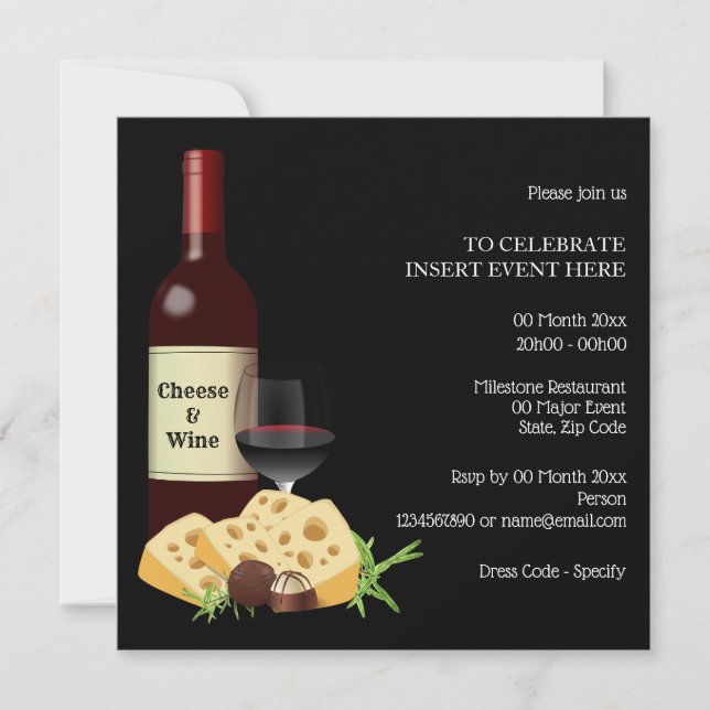 Invitación fiesta de cóctel de queso de vino comedor formal n (Anverso)