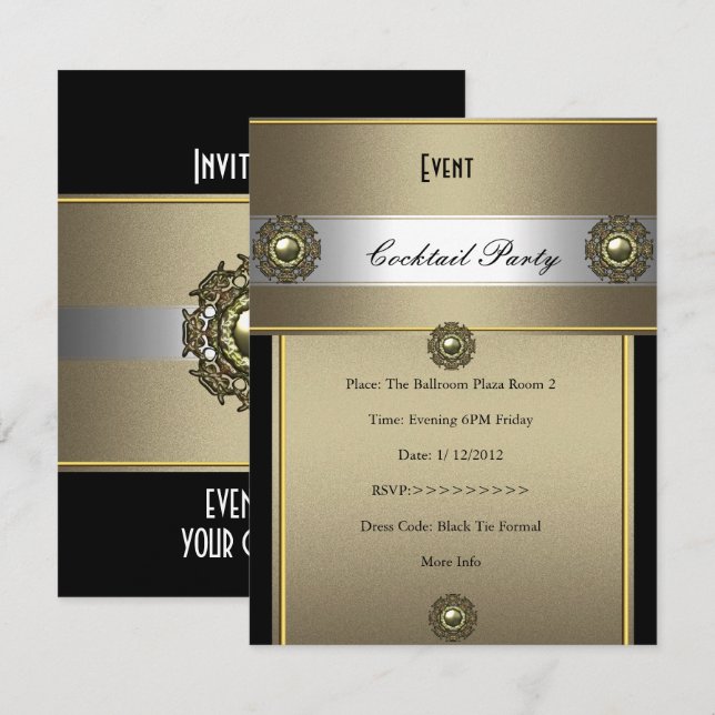 Invitación Fiesta de Cóctel Elegante Negro Plata Bronce (Anverso / Reverso)