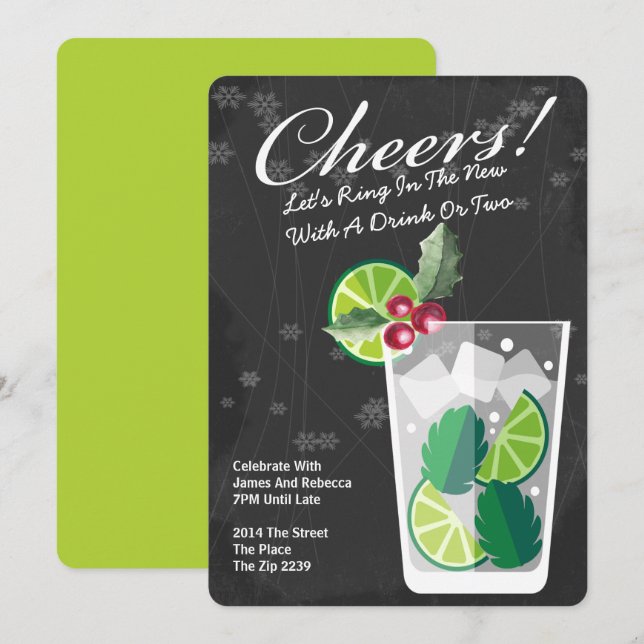 Invitación Fiesta de Cóctel Mojito de Año Nuevo Personalizado (Anverso / Reverso)