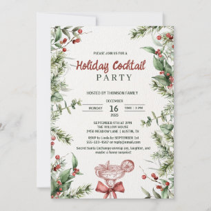 Invitación Fiesta de cóctel navideño botánico con acuarela