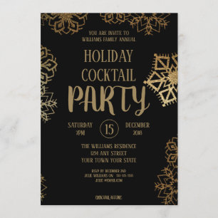 Invitación Fiesta de cóctel navideño Brillo negro y dorado