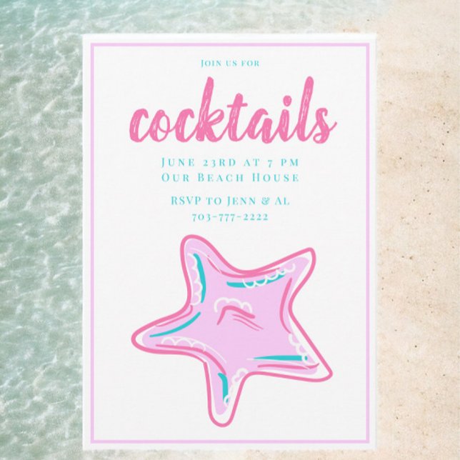 Invitación Fiesta de cóctel Preppy Pink Starfish  (Subido por el creador)