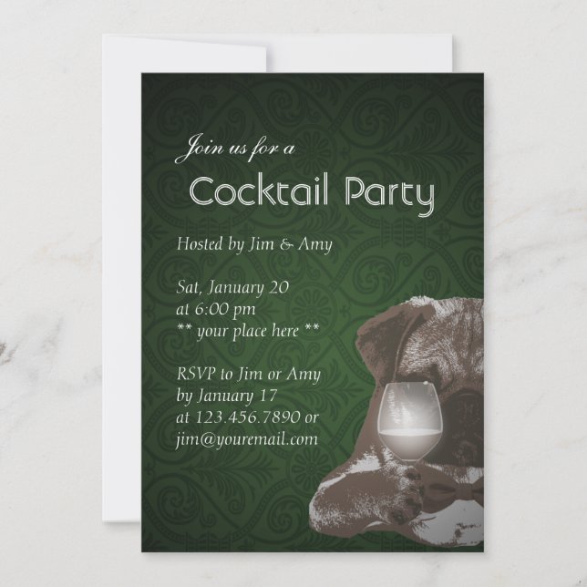 Invitación Fiesta de Cóctel Pug Green Damask y Vino Fino (Anverso)