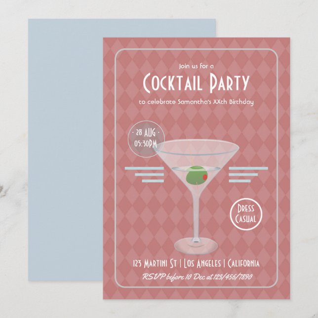 Invitación Fiesta de cóctel retro vintage (Anverso / Reverso)